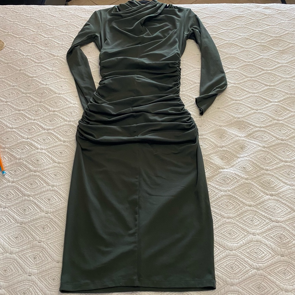 New Susana Monaco Crisscross MockNeck Bodycon Dress Longsleeve Hunter Green Sz L - Picture 2 of 15